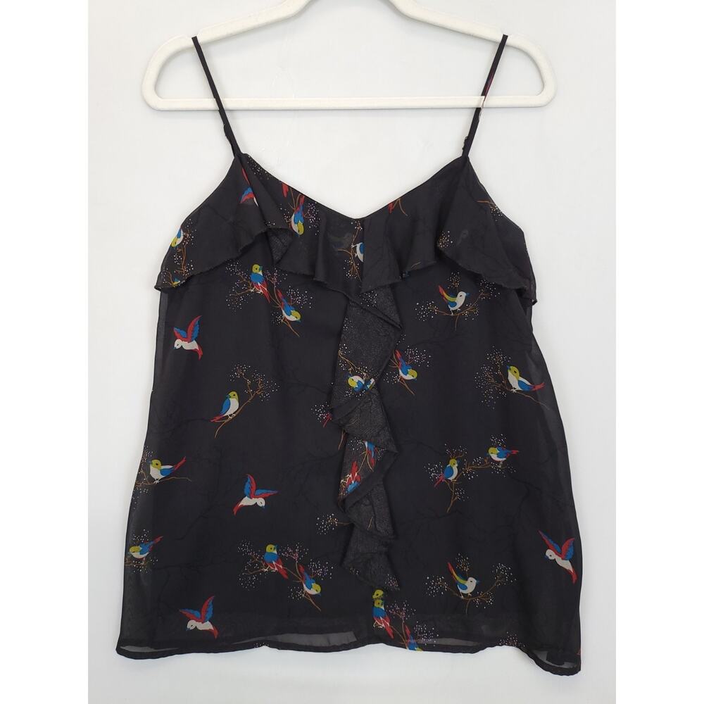 Xhilaration Spaghetti Strap Bird Print Ruffled Tank Top Women M Black Fairy Boho